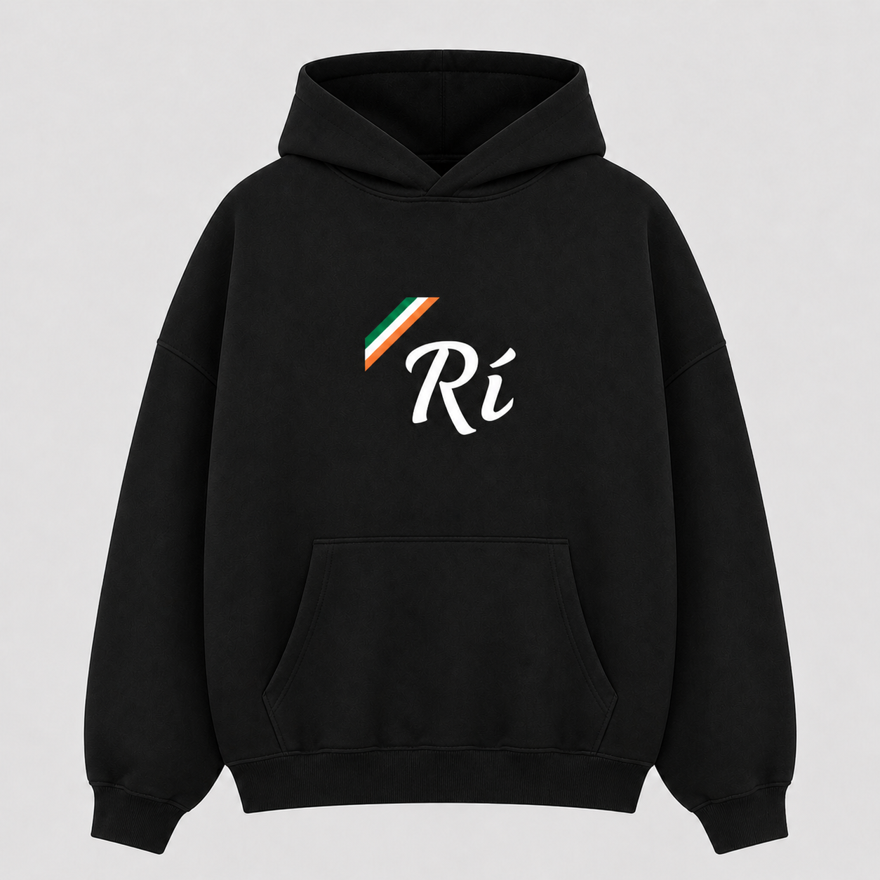 Black Rí hoodie with the Rí logo centered on the chest.
