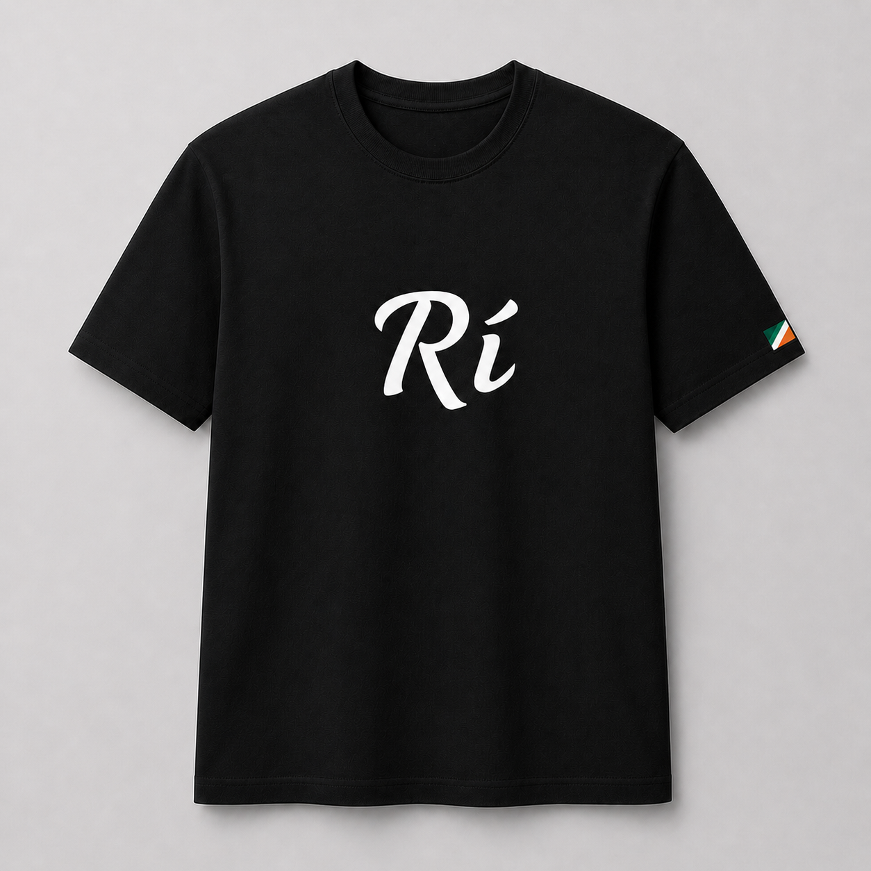 Black Rí T-shirt with logo on chest and tri-color stripe on sleeve.
